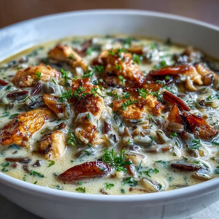 Hearty spoonful of Parmesan Mushroom Chicken and Wild Rice Soup with tender chicken and earthy mushrooms in a rich broth.