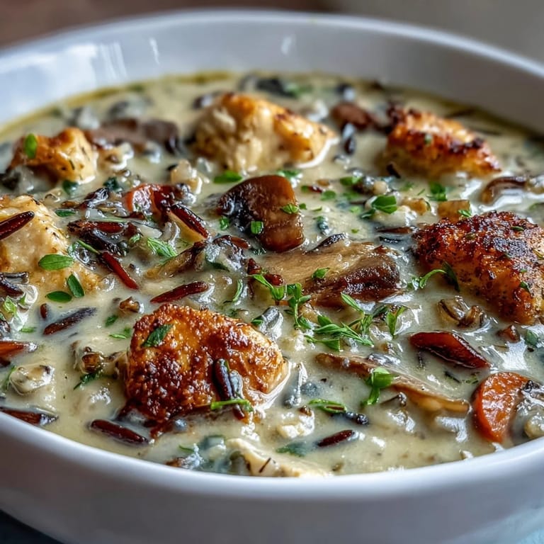 Comforting dinner serving of Parmesan Mushroom Chicken and Wild Rice Soup paired with crusty bread for dipping.