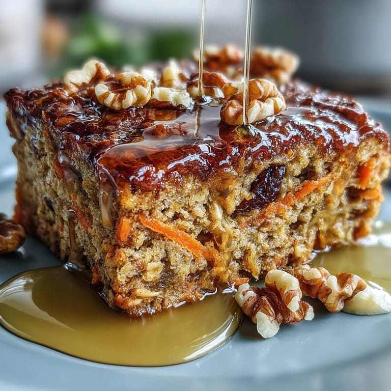 A close-up view of a warm slice of Carrot Cake Baked Oatmeal, featuring walnuts and a drizzle of maple syrup.  