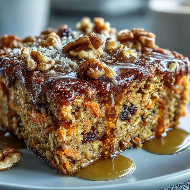 A wholesome breakfast portion of Carrot Cake Baked Oatmeal served in a white bowl, topped with creamy yogurt.