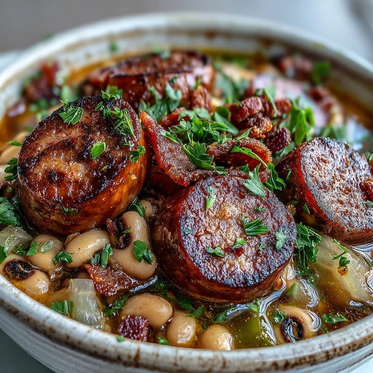 A hearty bowl of Southern-Style Black-Eyed Peas garnished with fresh parsley and served with hot sauce and cornbread.
