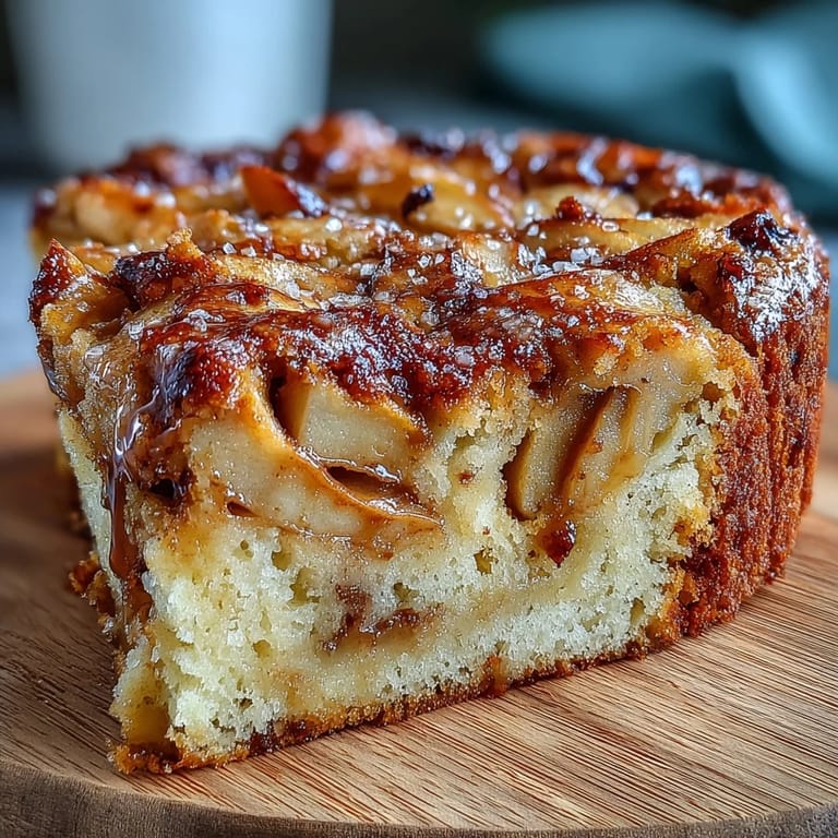Overhead view of Baked Apple Cake in a baking dish, featuring bubbling browned edges and a sprinkle of cinnamon-sugar topping, ready to serve warm.  
