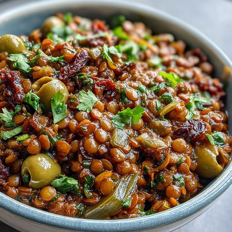 Golden-brown Cuban-Inspired Lentil Picadillo simmering with olives and raisins, creating a savory-sweet aroma in a rustic skillet.