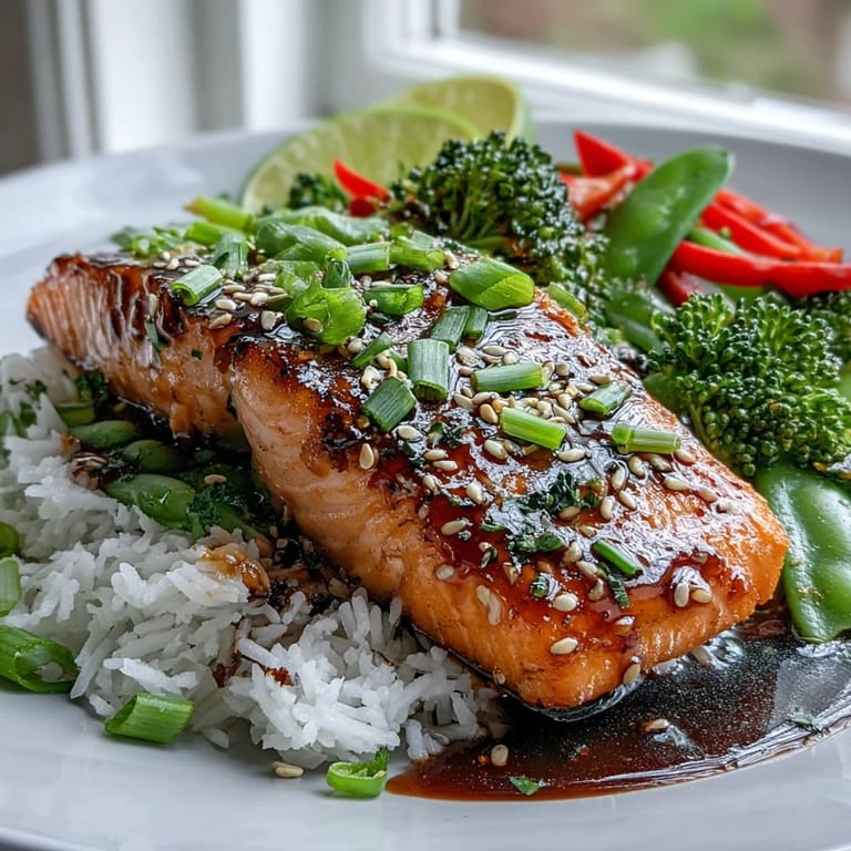Healthy weeknight dinner of Maple Soy Glazed Salmon and vegetables on a plate, highlighting the sticky glaze and vibrant colors.