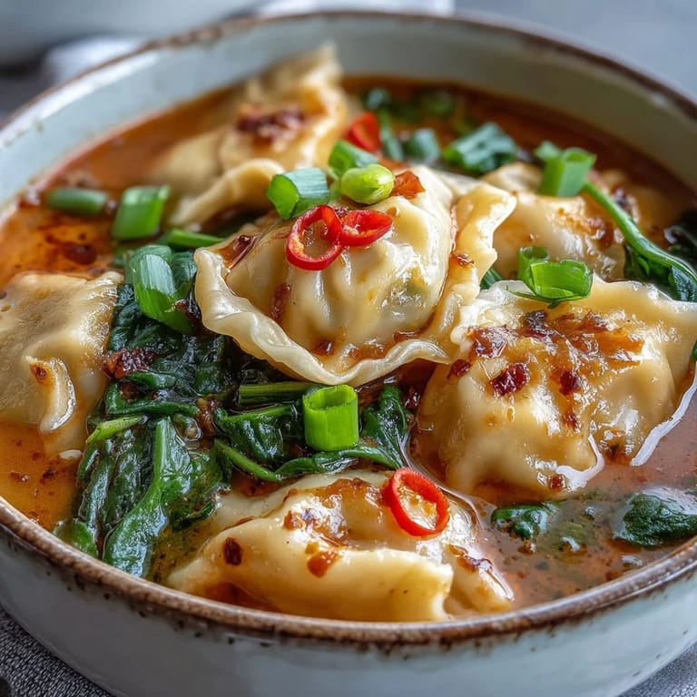 Spicy red curry wonton soup featuring tender wontons and hearty greens, served in a rustic ceramic bowl.