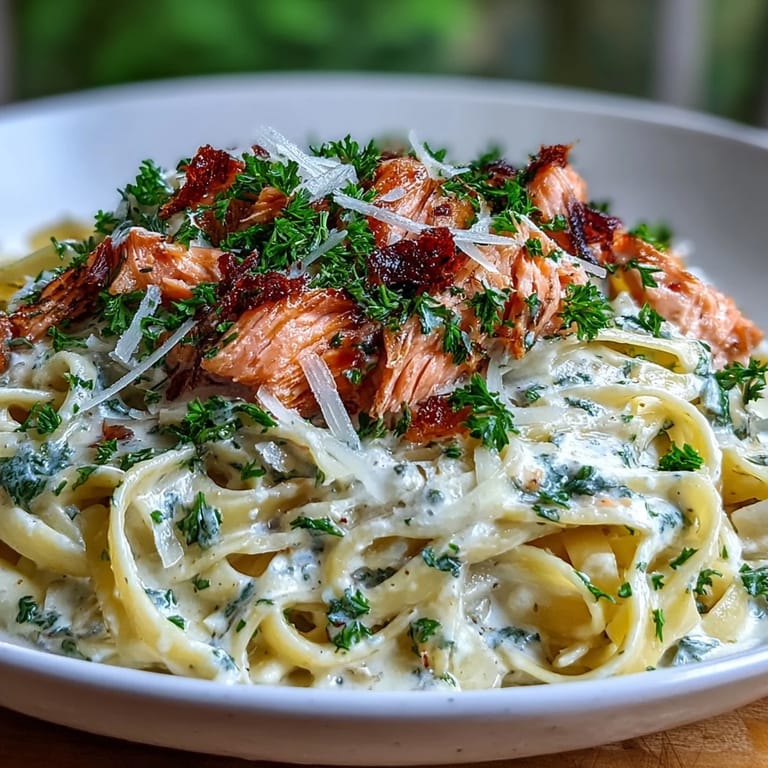 Hot-smoked salmon pasta tossed with Parmesan and herbs, ready to serve with a crisp glass of white wine.