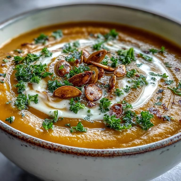 Vibrant green broccoli florets and orange squash garnish this wholesome, vegetarian roasted broccoli and butternut squash soup.