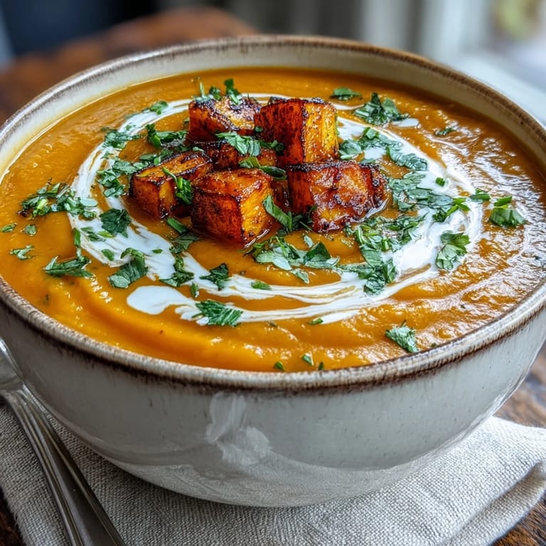 Hearty Butternut Squash and Lentil Soup glows golden, garnished with herbs and paired with crusty bread.  