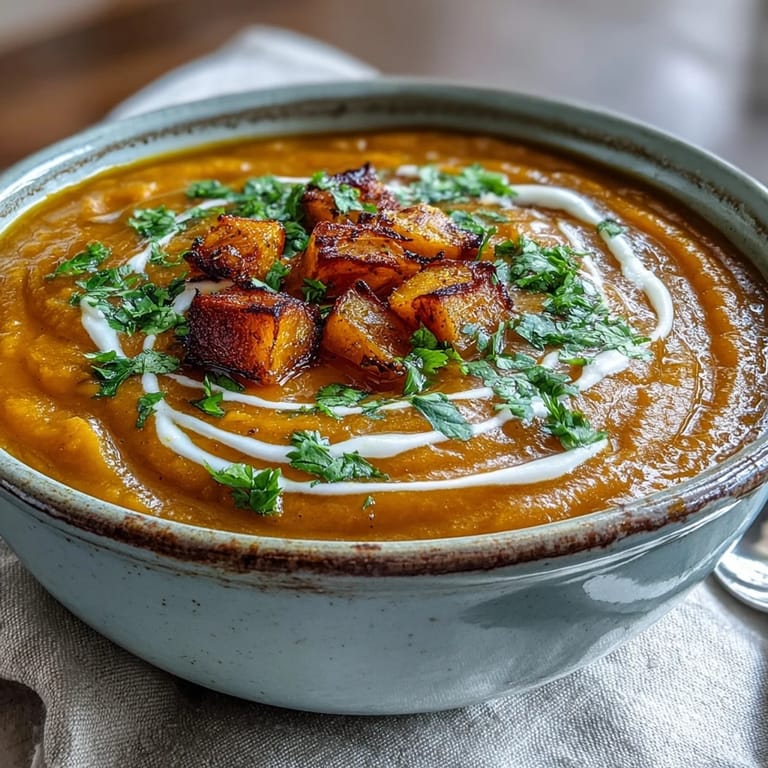 Spiced Butternut Squash and Lentil Soup steams in a rustic pot, showcasing roasted squash and tender lentils.