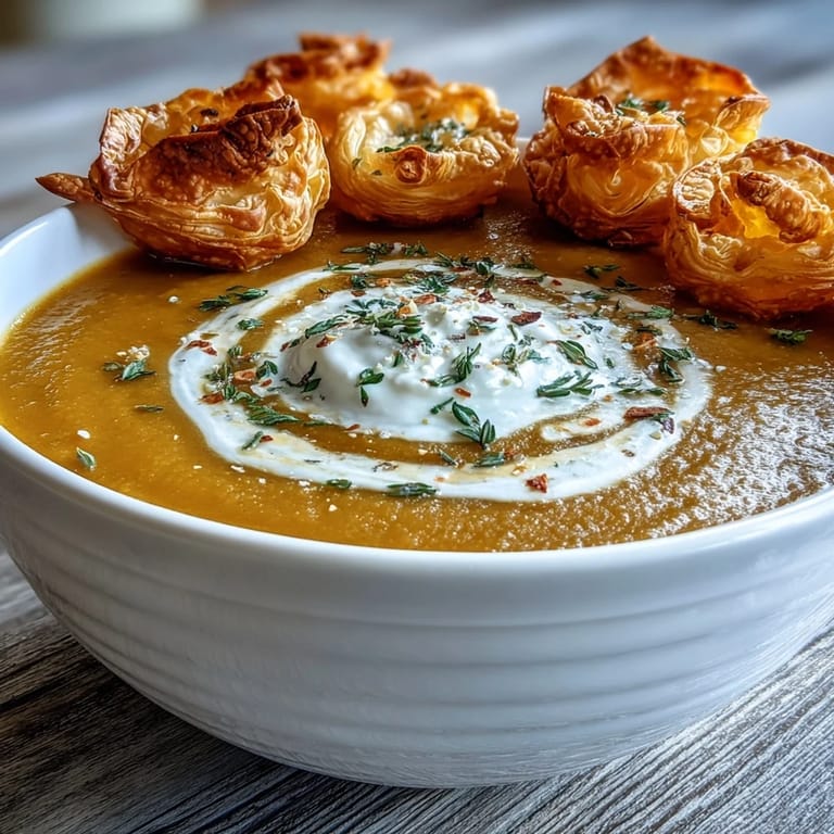 Golden cheese pastries resting beside Creamy Broccoli and Butternut Squash Soup With Pastries on a rustic American-style dinner table.