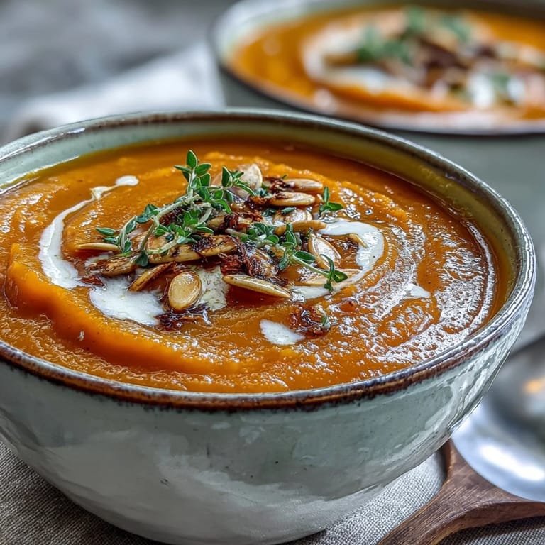 Smooth Easy Roasted Butternut Squash Soup steaming in a white bowl, topped with fresh thyme for a cozy meal.