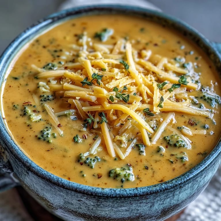 Smooth Butternut Squash Broccoli Cheddar Soup in a white bowl, topped with shredded sharp cheddar and paprika.