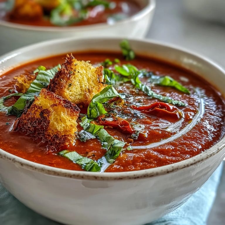 A rustic bowl of Roasted Tomato Basil Soup garnished with crunchy croutons, served beside a glass of chilled white wine.