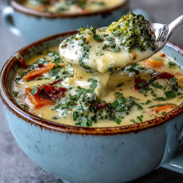 Creamy Broccoli Cheddar Soup in a rustic mug, topped with extra cheese and cracked pepper.