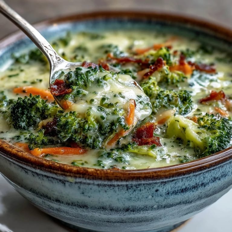 Spoon dipping into rich Broccoli Cheddar Soup, revealing tender carrots and velvety cheddar texture.