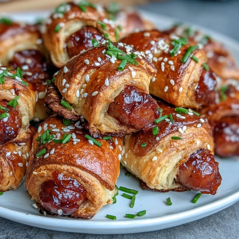 Party platter of Pepper Jelly Hogs in a Blanket served warm with a side of spicy mustard dip for dipping.