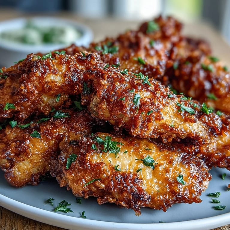 Freshly fried golden Fried Chicken Wings stacked on a platter with scallions, ready for a BBQ dipping sauce.
