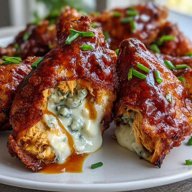 Close-up of Buffalo Wing Poppers showing shredded chicken and creamy blue cheese stuffed into jalapeños.