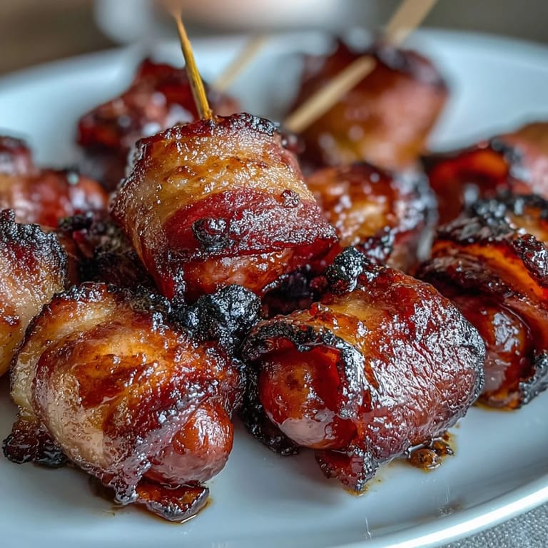 Finger-food appetizer: crispy, caramelized Bacon-Wrapped Smokies served on a platter, perfect for game day parties.