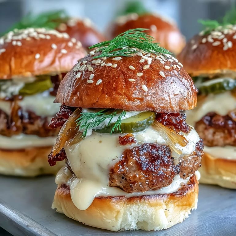 Freshly baked Touchdown Brat Sliders topped with golden onions and tangy beer cheese sauce.