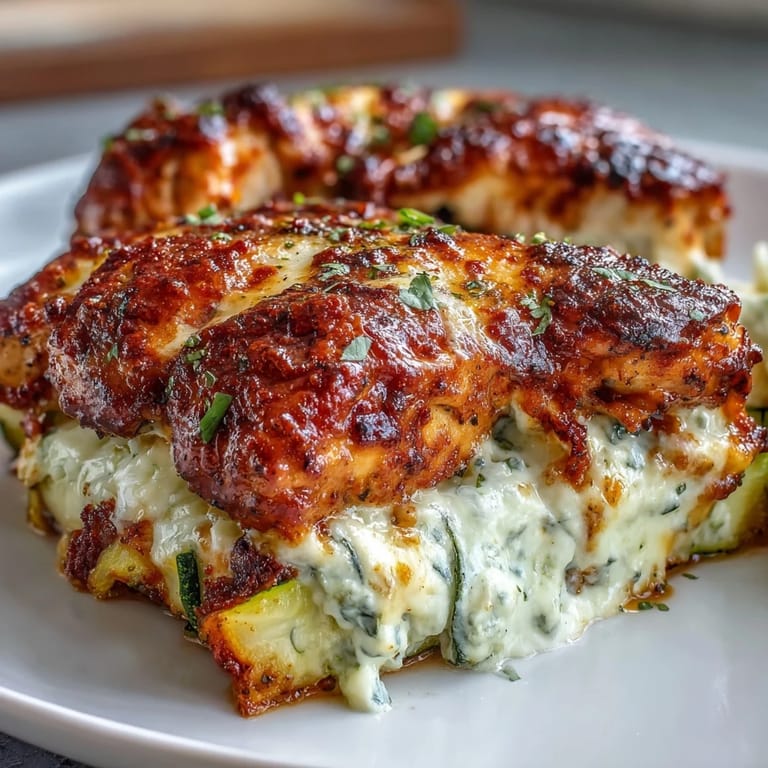U.S. dinner photo of High Protein Chicken Zucchini Bake, showing gooey cheese topping and wholesome ingredients in a baking dish.