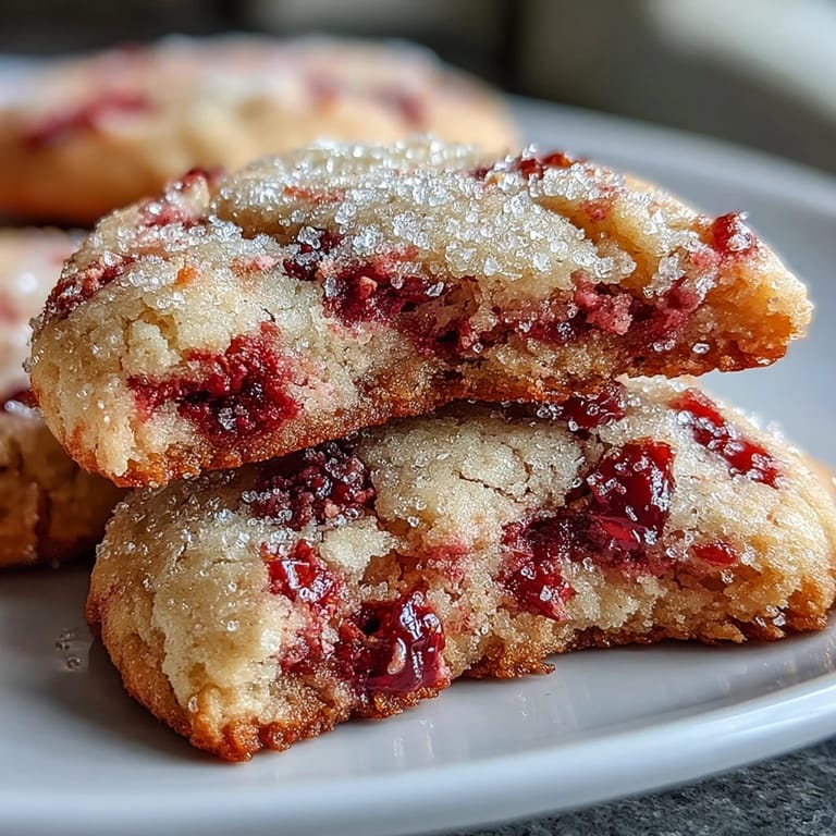 Warm Soft Chewy Raspberry Sugar Cookies served on a white plate with raspberry jam drizzle.