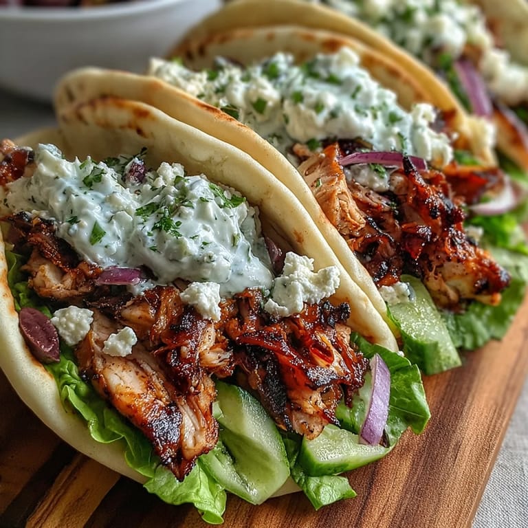 Creamy feta tzatziki and fresh veggies fill warm pita for a satisfying Mediterranean Chicken Gyro.