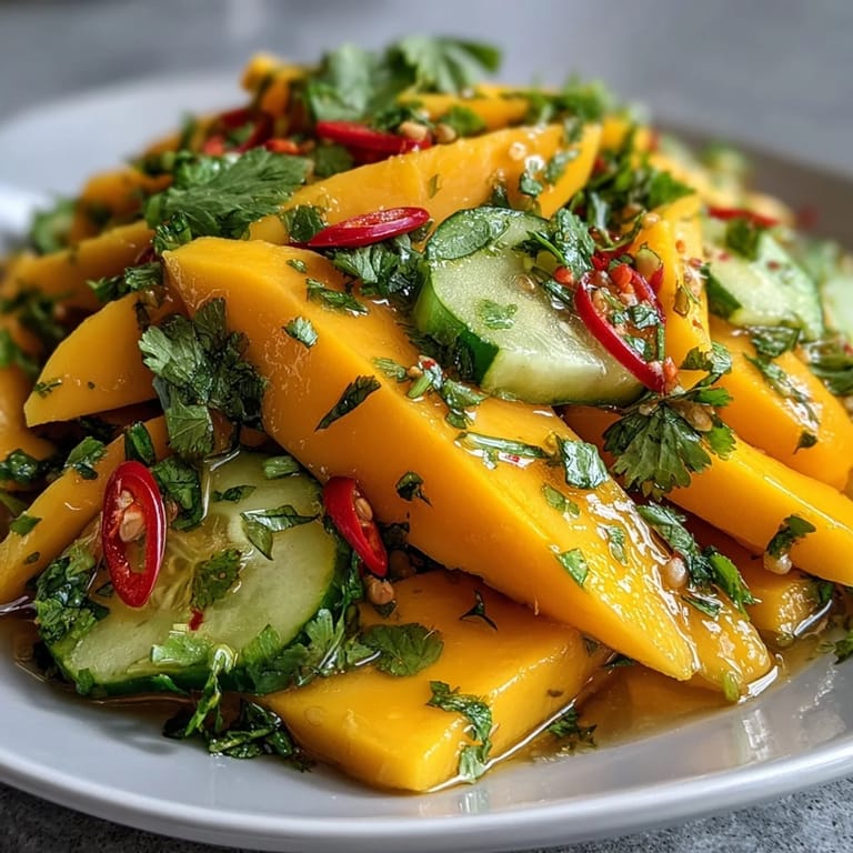 Bright orange mango, deep red onion, and green cilantro garnish a bowl of Refreshing Mango Salad with Lime Dressing. Served on a white plate, the salad looks especially inviting with a drizzle of extra dressing and a lime wedge.