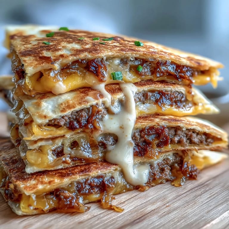 A close-up of crispy Cheesy Griddled Smashburger Quesadillas stacked high with smashed beef patties and melty cheese, ready to dip.