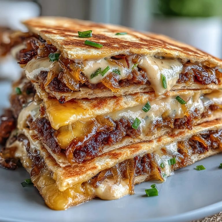 Golden Cheesy Griddled Smashburger Quesadillas stuffed with juicy smashburger patties and sweet onions, drizzled with tangy mayo-mustard sauce.