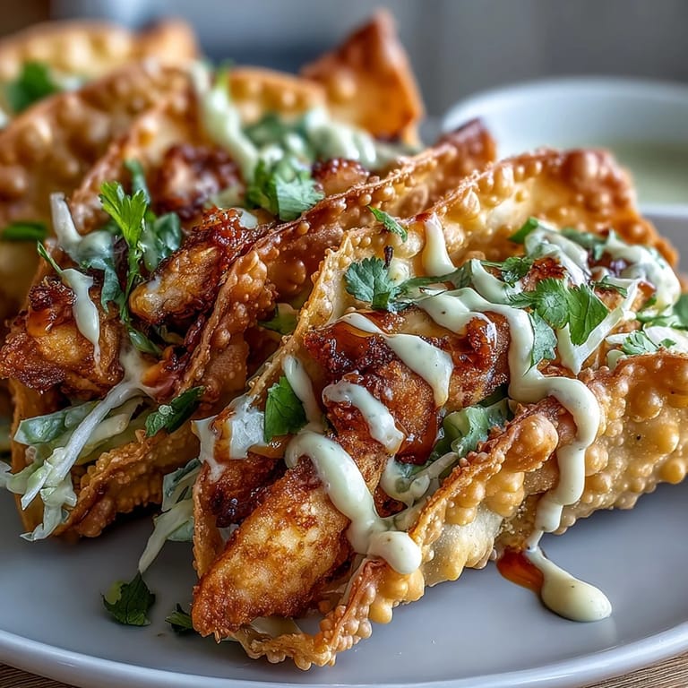 Crispy Chicken Wonton Tacos served with tangy red cabbage slaw and fresh cilantro garnish on a plate.