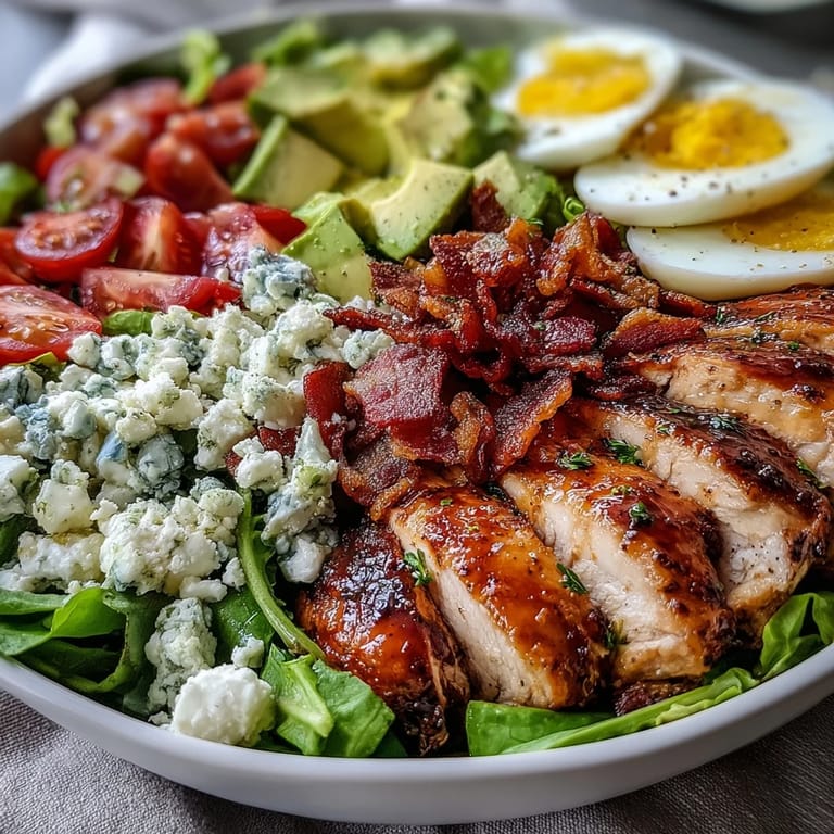 Classic American Cobb Salad Bowl with juicy chicken, smoky bacon, avocado, blue cheese, eggs, and fresh ranch drizzle.