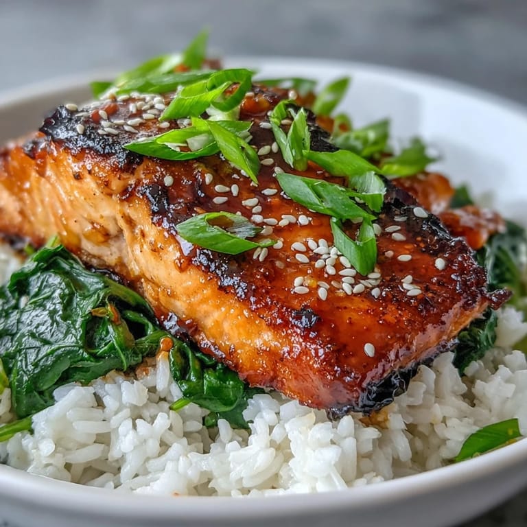 Tender miso glazed salmon fillet atop fluffy rice and wilted spinach, ready to serve with lime and nori strips.