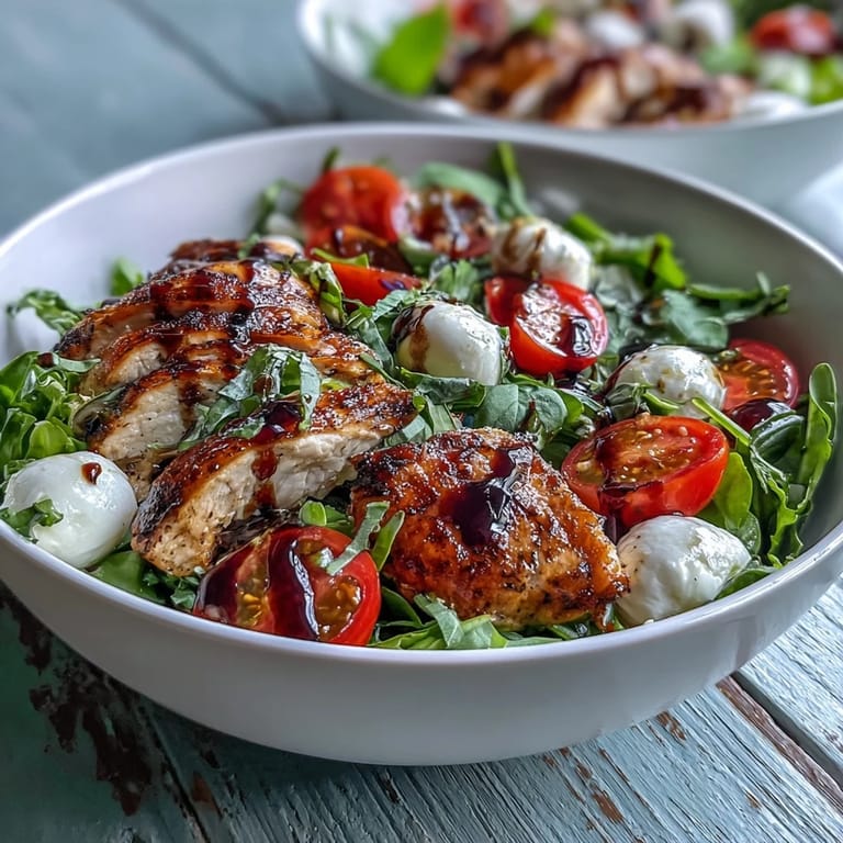 A plated Caprese Chicken Bowl features sliced grilled chicken, mozzarella, tomatoes, basil, and balsamic reduction.
