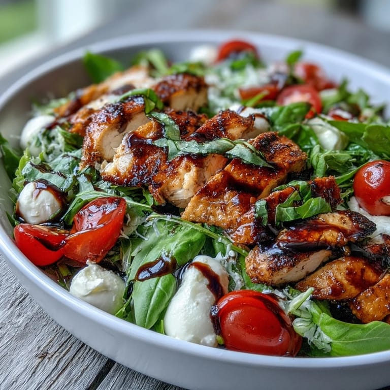 Juicy grilled chicken sits atop salad greens in a Caprese Chicken Bowl with mozzarella and tomatoes.