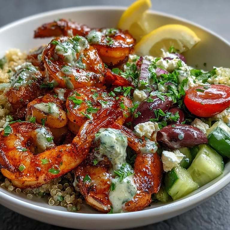 Layered Mediterranean Shrimp Bowl with spinach, tomatoes, cucumbers, and olives, finished with a rich tahini sauce and fresh parsley garnish.