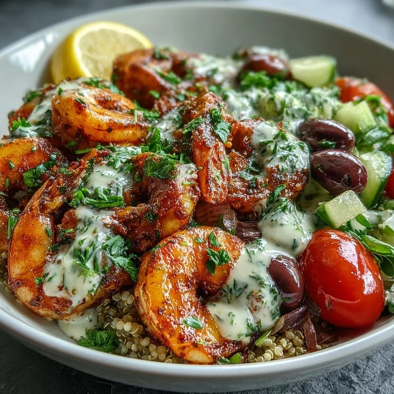 Juicy smoked paprika shrimp nestled in a Mediterranean Shrimp Bowl beside colorful vegetables and grains, with lemon wedges for serving.