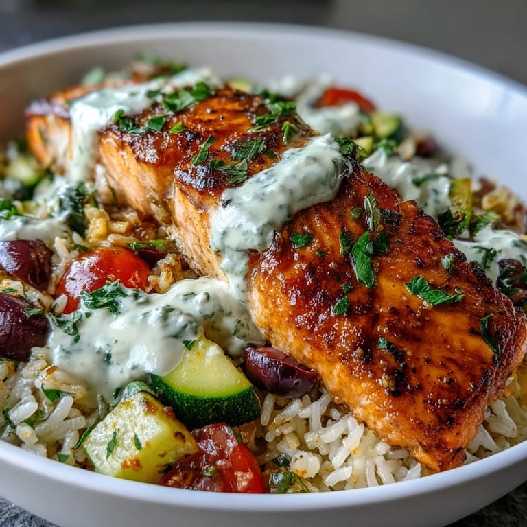 Crispy Rice Salmon Bowl garnished with fresh dill and lemon wedges, served hot with zesty vegetables and feta cheese.