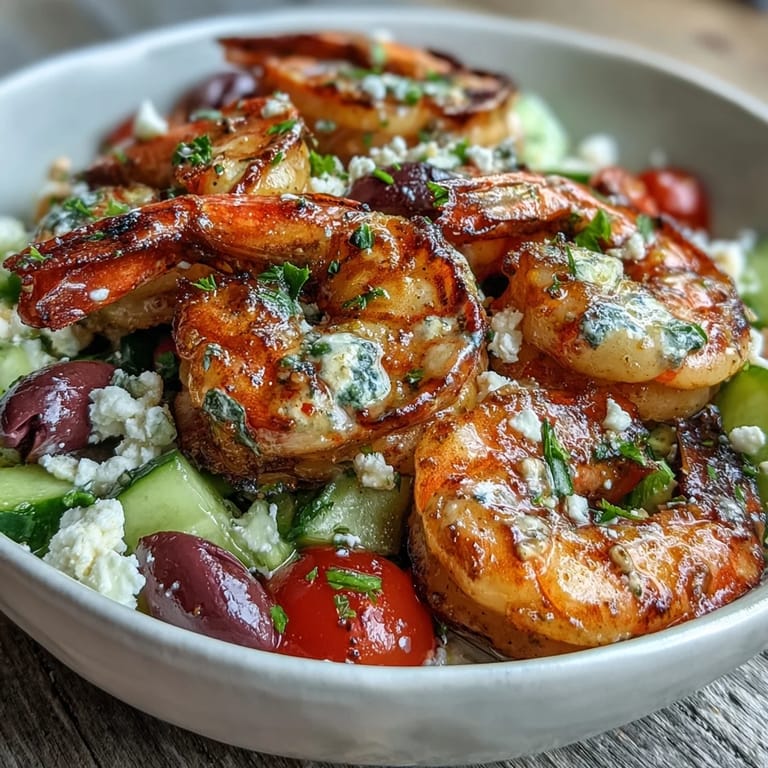 A freshly prepared Greek Shrimp Bowl showcases juicy tomatoes, briny Kalamata olives, and a bright citrus aroma.