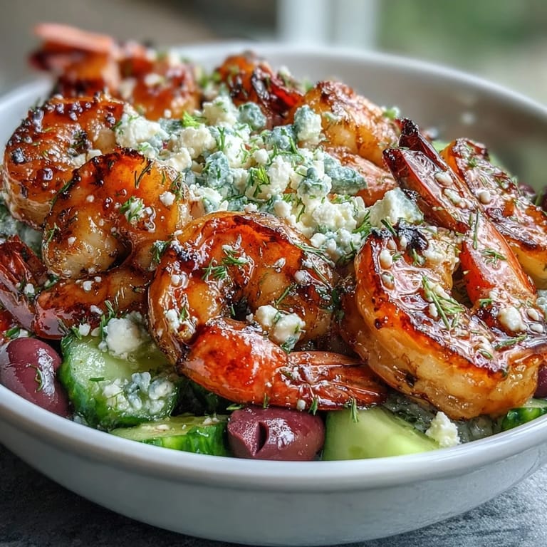 Served Greek Shrimp Bowl in a rustic bowl with colorful vegetables and golden grilled shrimp, perfect for dinner.