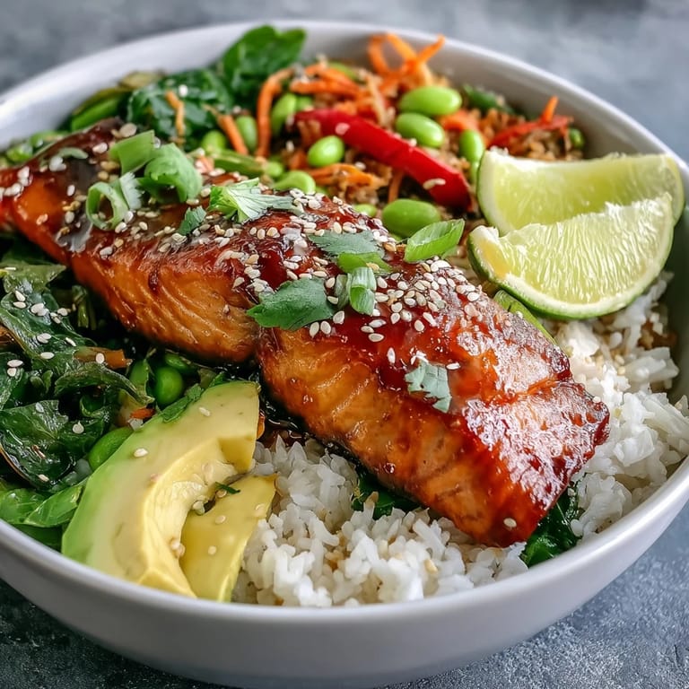 Fragrant ginger glaze coats flaky salmon beside stir-fried vegetables in a vibrant soy ginger salmon bowl. 