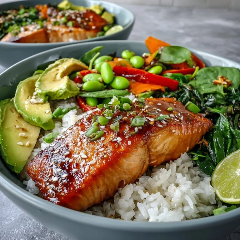 Steamed rice and glazed salmon garnished with green onions in a healthy, dairy-free soy ginger salmon bowl.