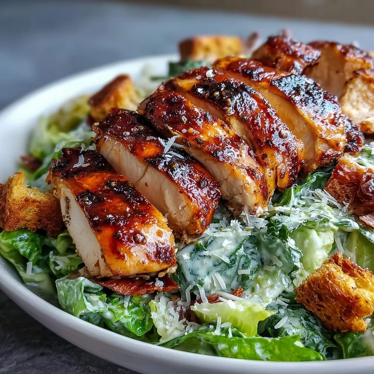A vibrant Caesar Chicken Bowl featuring tender sliced chicken, shaved parmesan, and golden croutons on crunchy romaine.