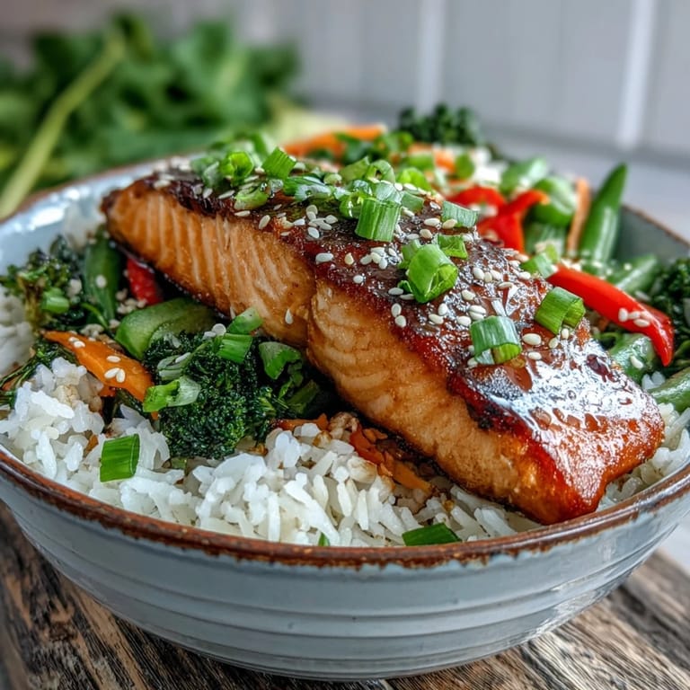 Tender teriyaki salmon fillet rests on steamed jasmine rice next to vibrant bell peppers and broccoli florets.