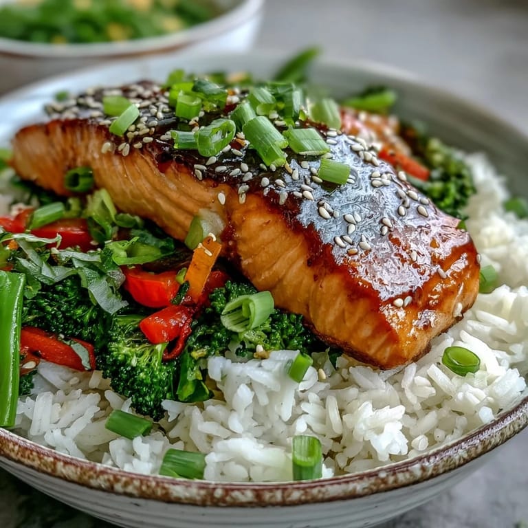 Juicy Teriyaki Salmon Bowl garnished with sesame seeds and scallions, drizzled with extra glossy sauce.