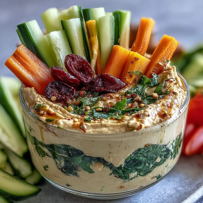 Creamy hummus layered in cups with colorful vegetable sticks, ideal for a quick and nutritious lunch or picnic treat.