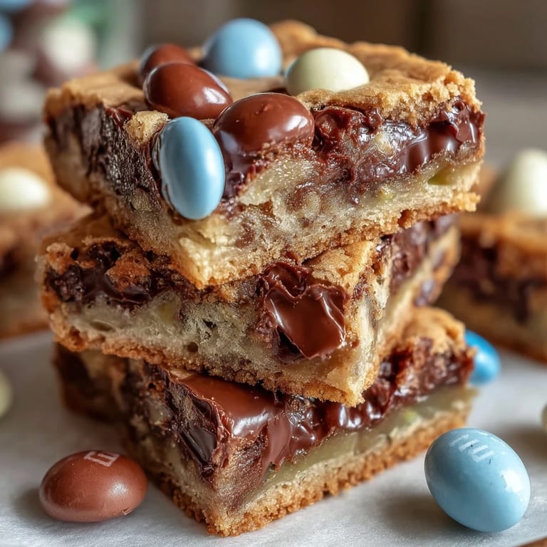 Soft cookie bars loaded with Cadbury mini eggs and colorful M&Ms, baked to golden perfection for a festive treat.  