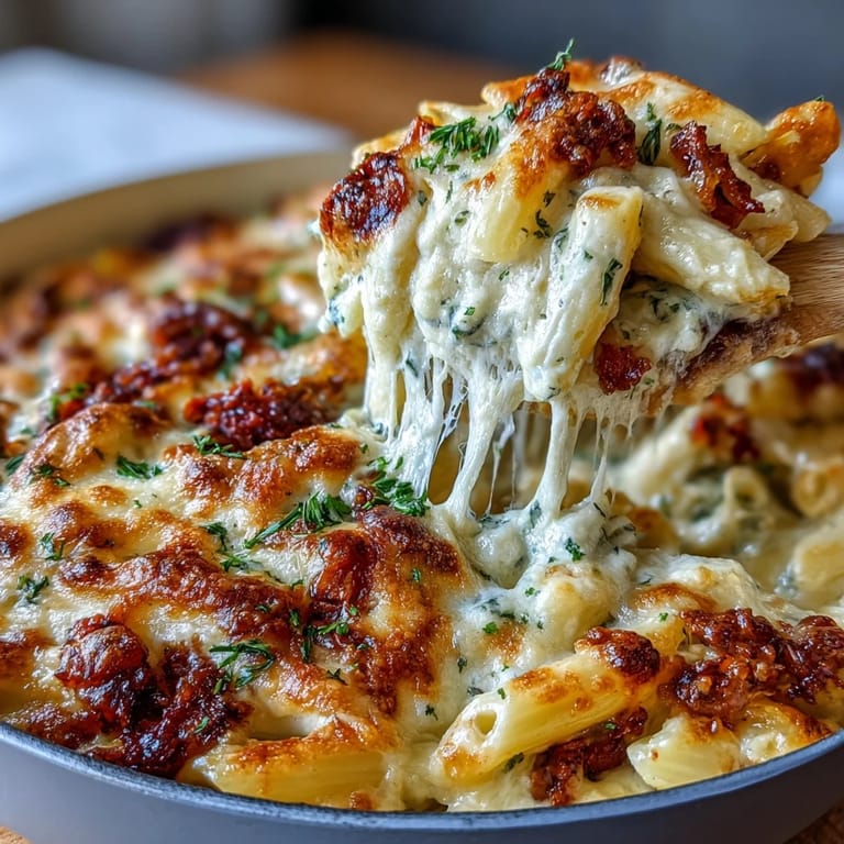 A comforting one-pot pasta bake featuring gooey melted mozzarella and cheddar over al dente noodles.