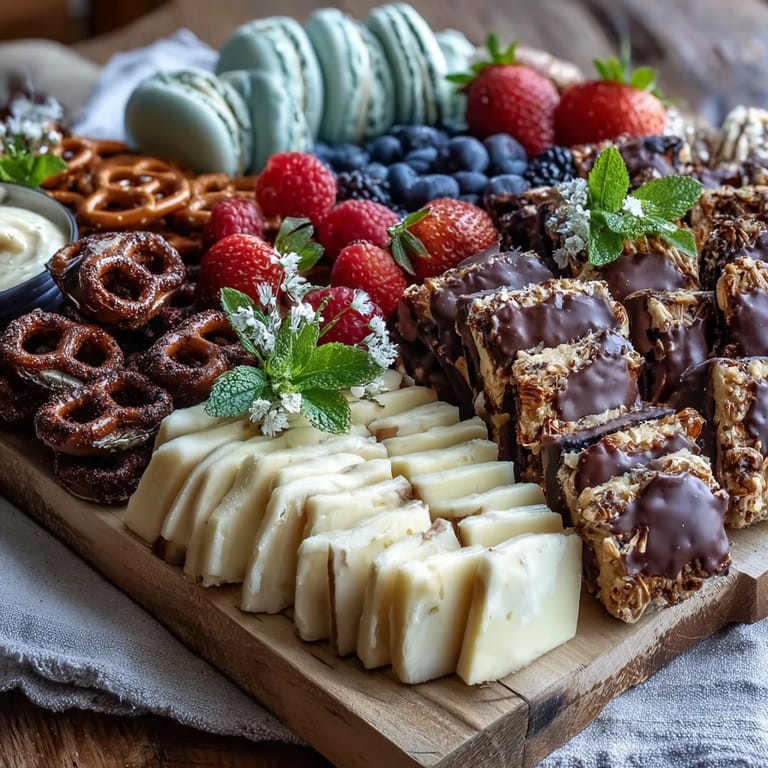 Elegant dessert board featuring assorted mini cakes, chocolate truffles, macarons, and fruit—perfect for celebrating grads and special occasions.