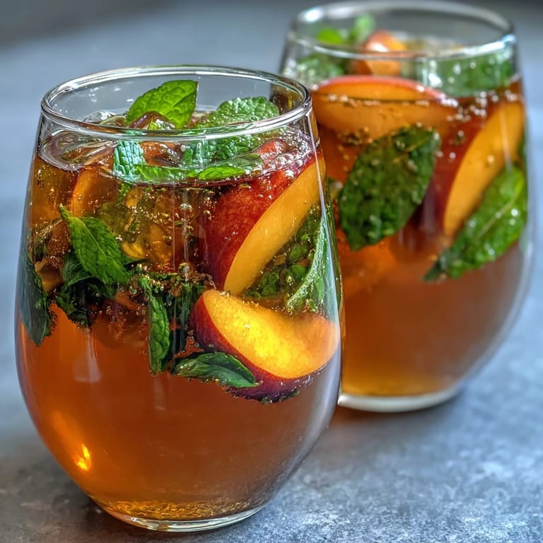 Refreshing mango peach tea with a fizzy twist, served in a clear glass with fruit garnish and a sprig of mint.